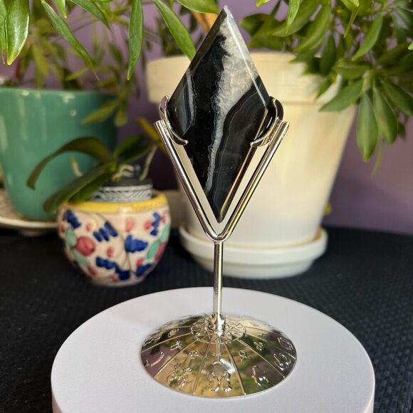 Black Agate Crystal Rhombus/ Diamond with Zodiac Stand (1) - Picture 1 of 14